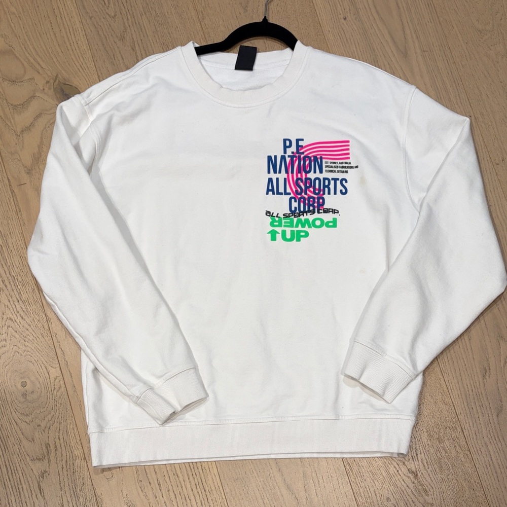 P.E Nation White Crewneck Sweater with Blue Pink and Green Graphic